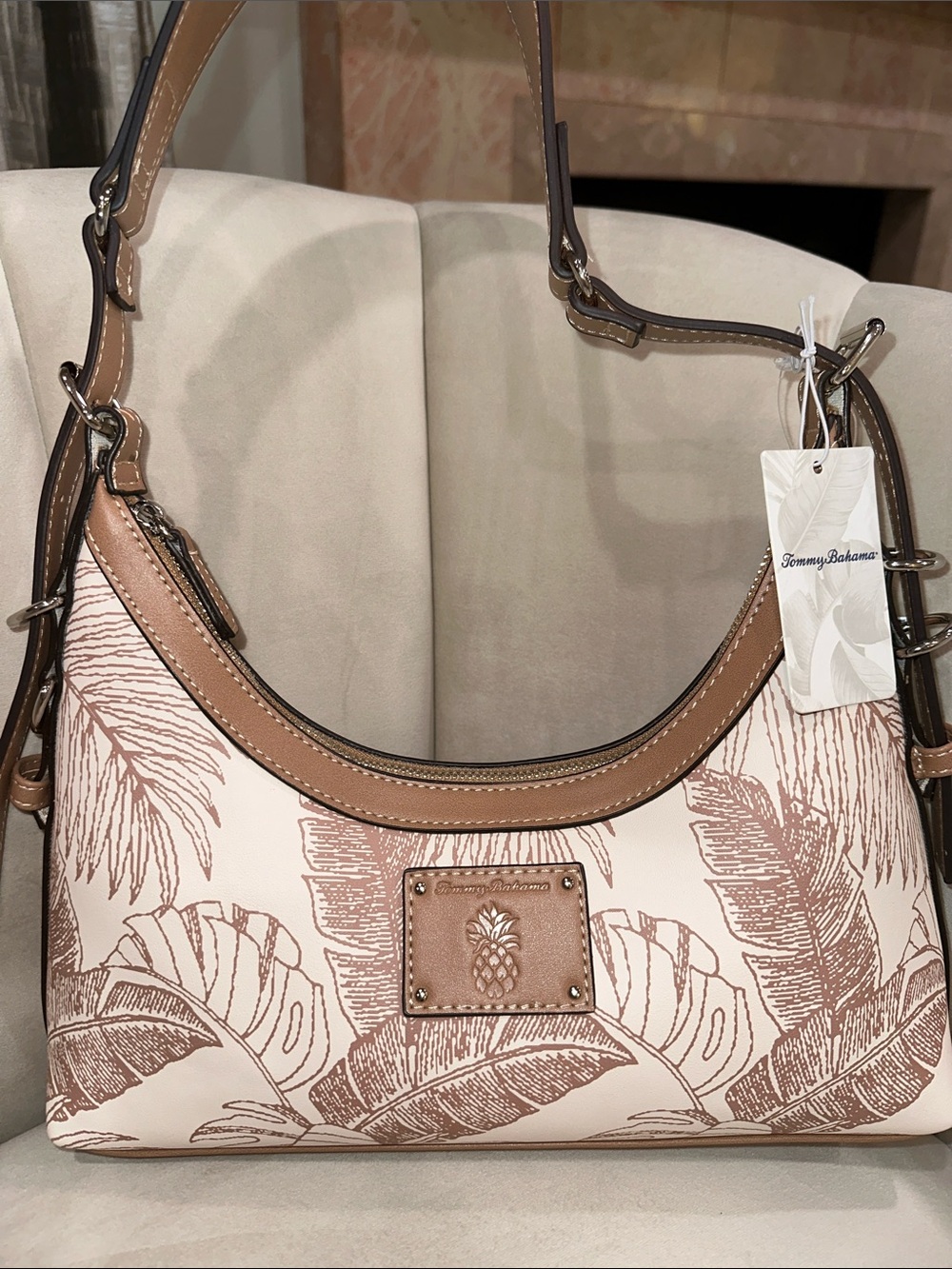 Tommy Bahama Cream & Tan Tropical Print Shoulder Bag